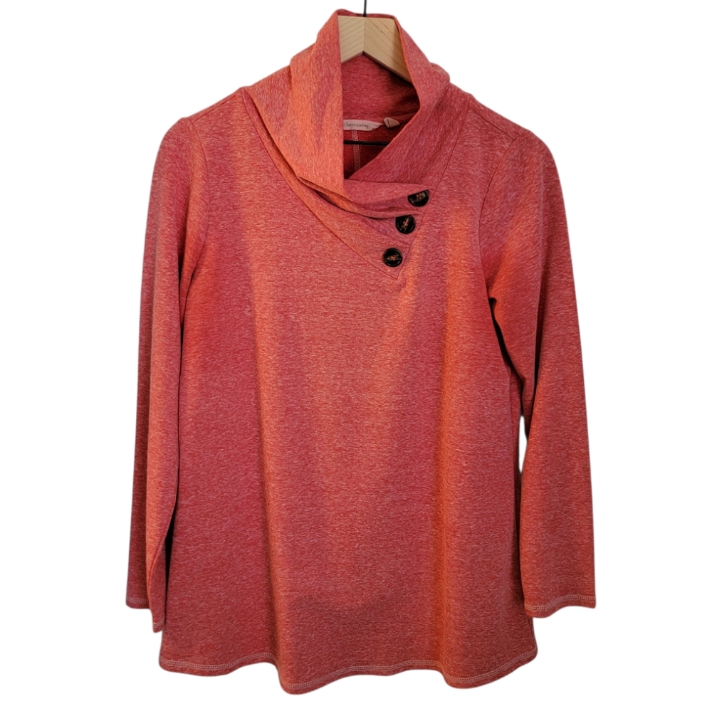 Soft Surroundings Brinley Tunic Top Cowl Neck Brick Red with Button Detail Small
